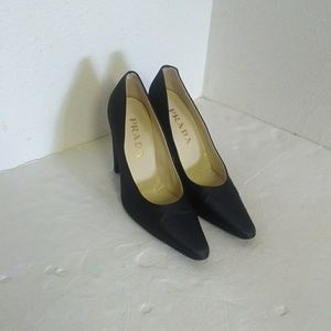 Prada Black Satin Block Heel Pump Shoes.
